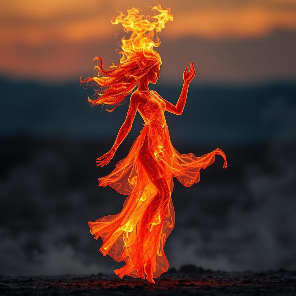 Flame Girl in Scorched Landscape, Hyperrealistic Image