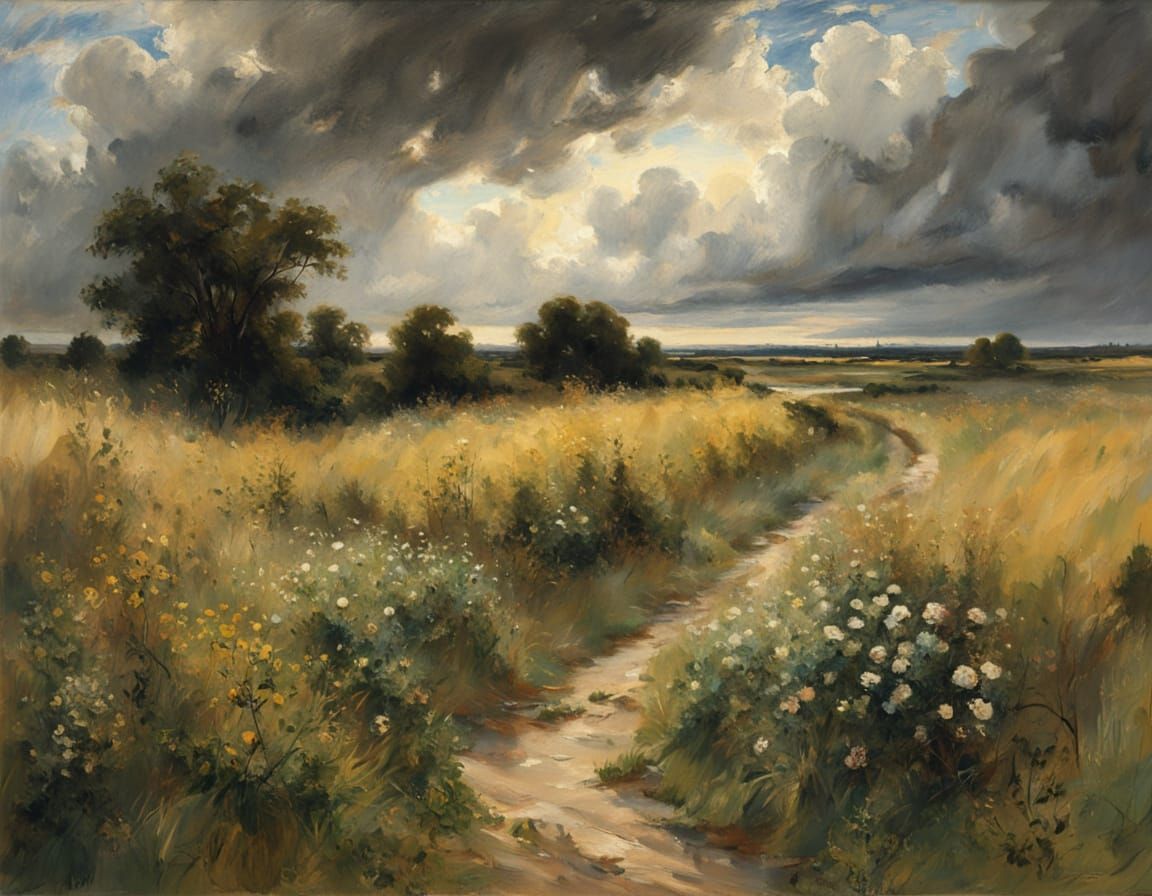 Rustic Countryside Path Under a Stormy Sky