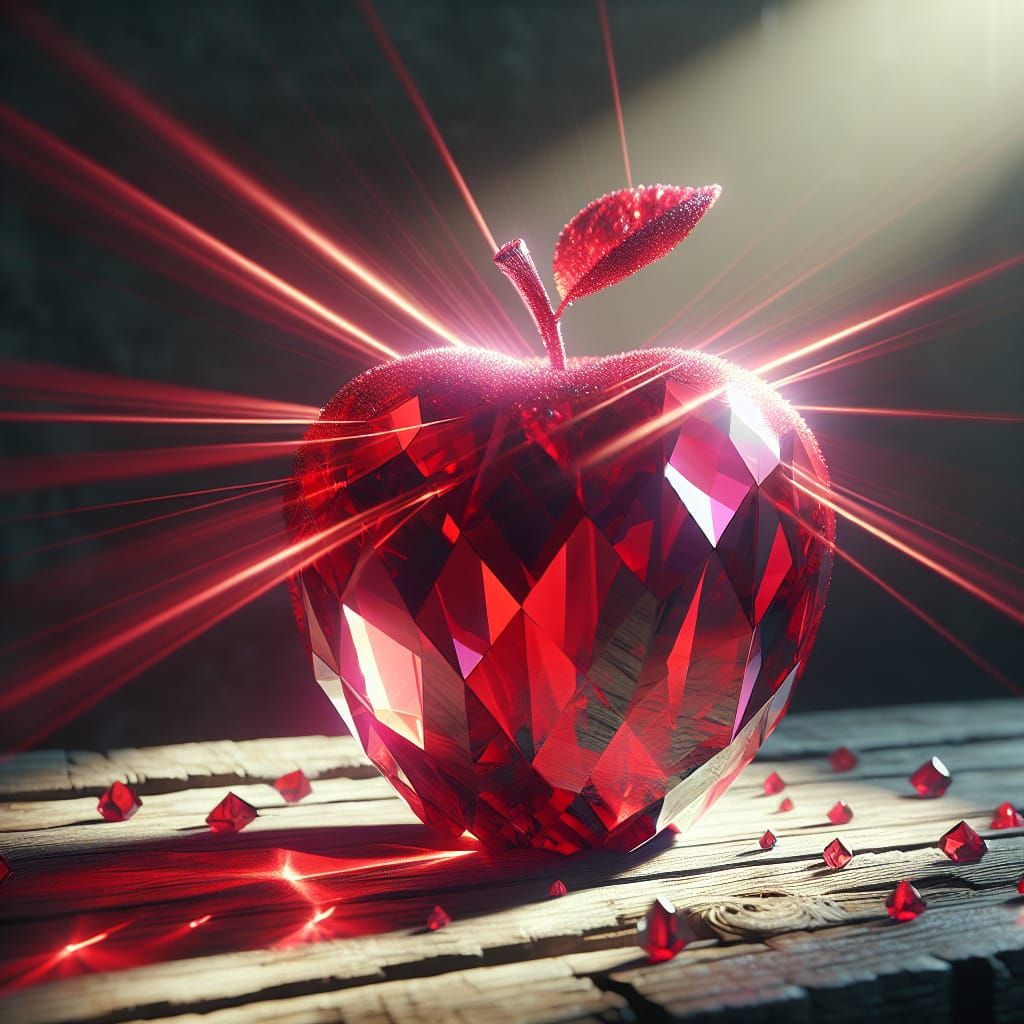 Red Crystal Apple on Wooden Table in 8K