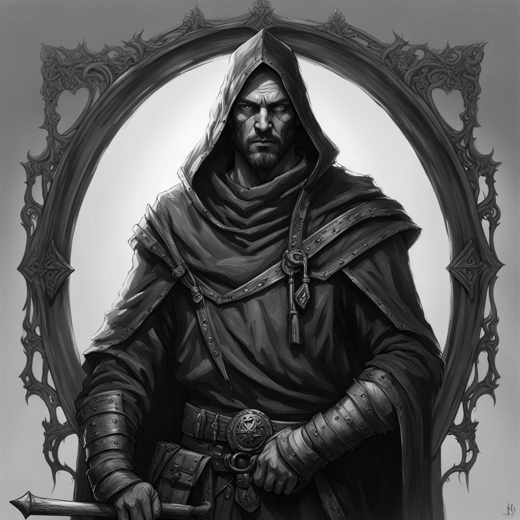 Menacing Medieval Bandit Portrait in Gothic Frame