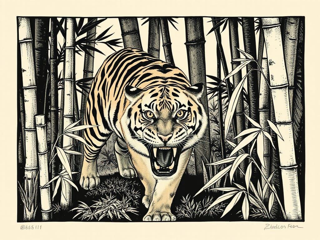 Tiger Stalks Bamboo Jungle in Linocut Print