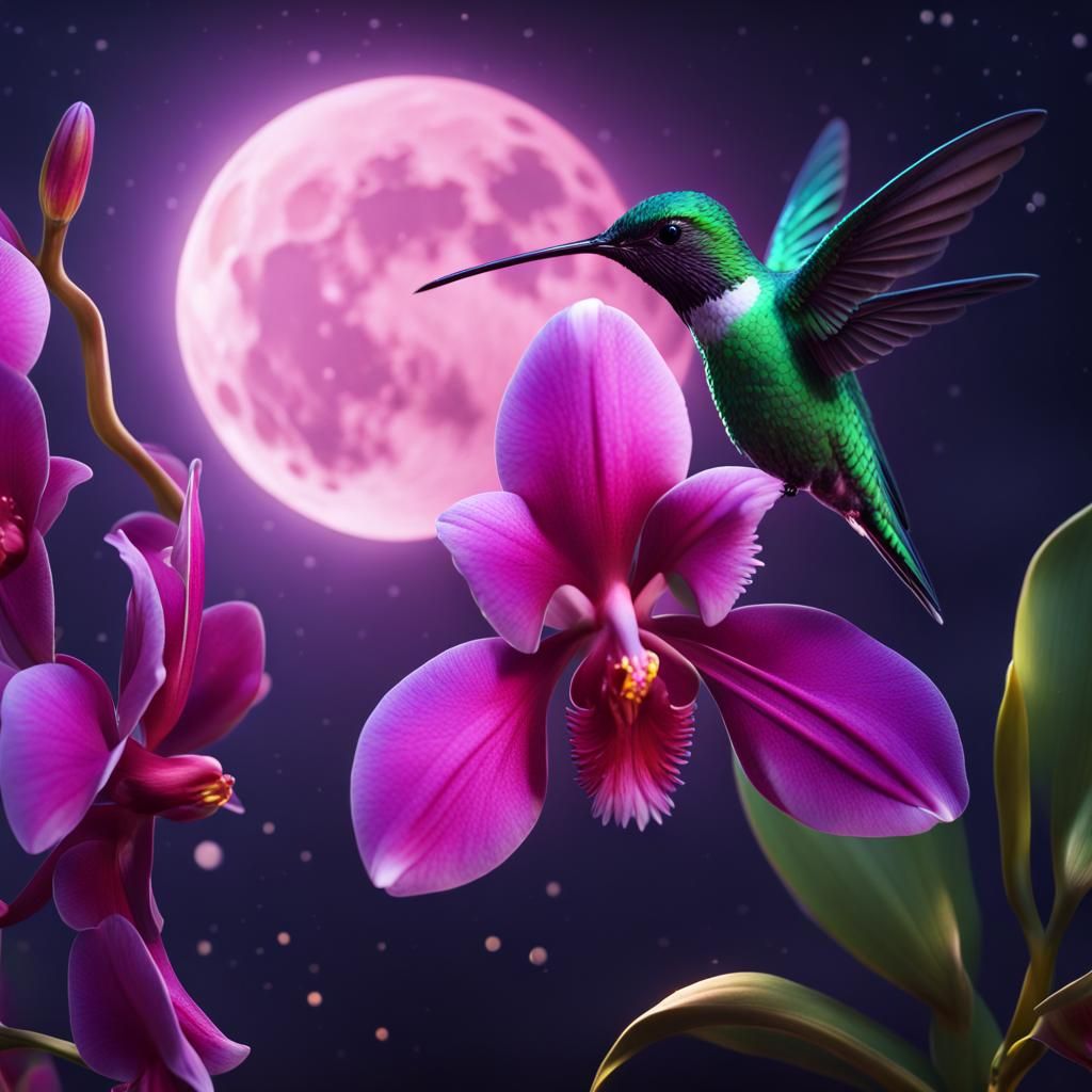 Holographic Hummingbird and Orchid at Night