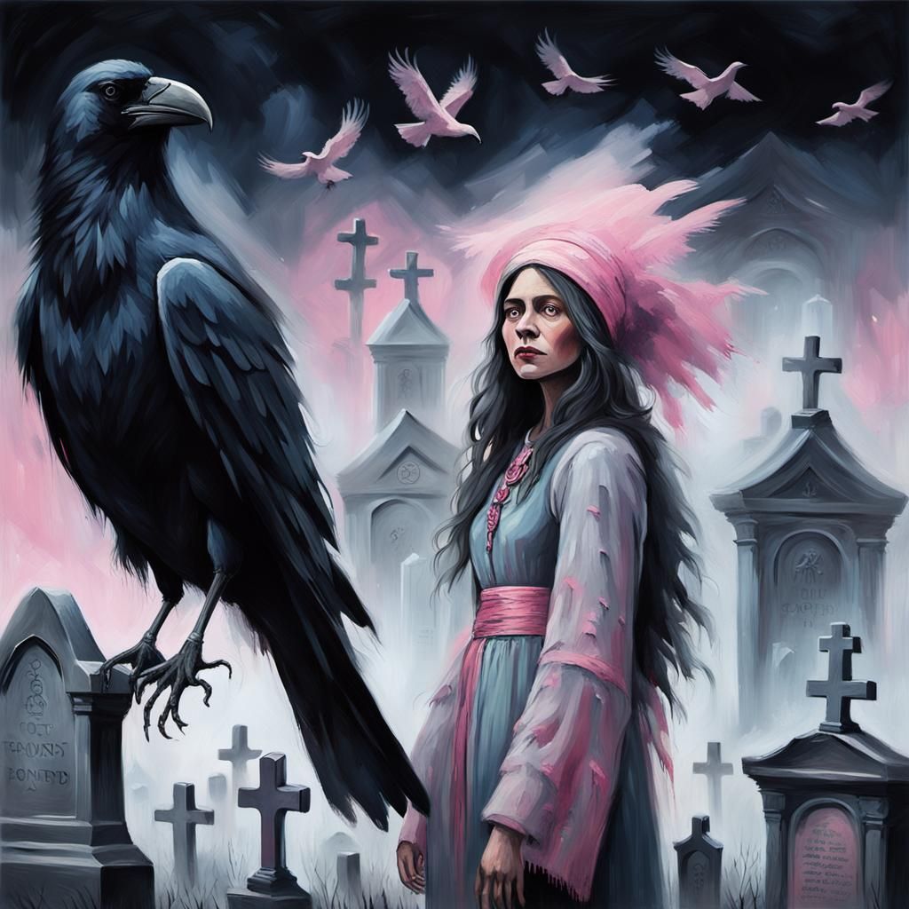 Mystical Crow Woman in Cemetery: Impressionist Oil Painting
