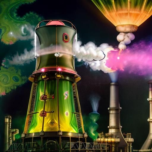 Steam Engine Pumping Radioactive Water: Surreal Oil Painting