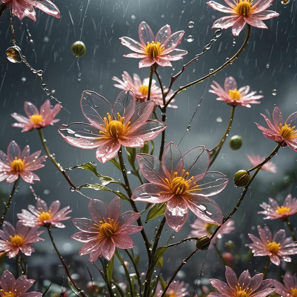 Glass Flower in Rainy Fantasy Scene