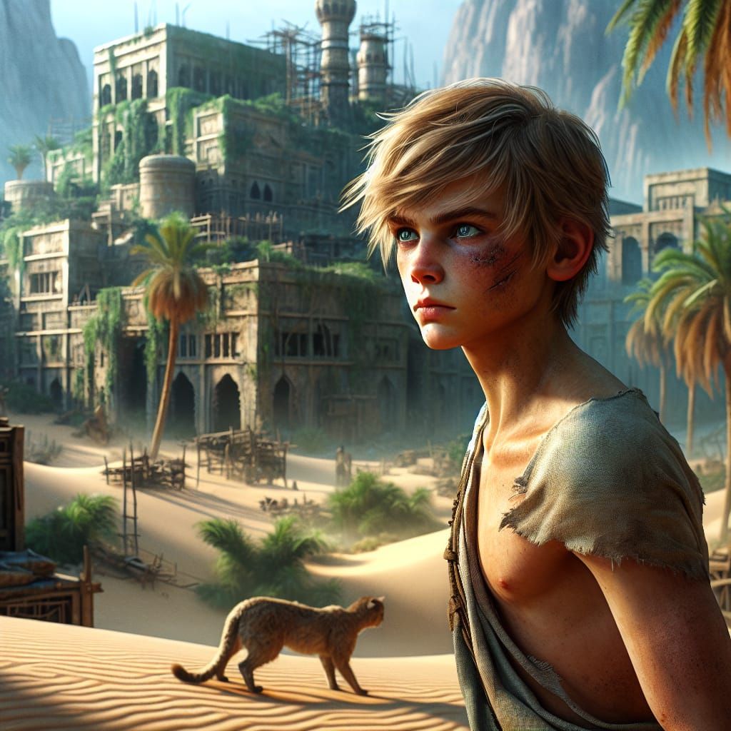 Desert Oasis Boy with Sand Cat Companion