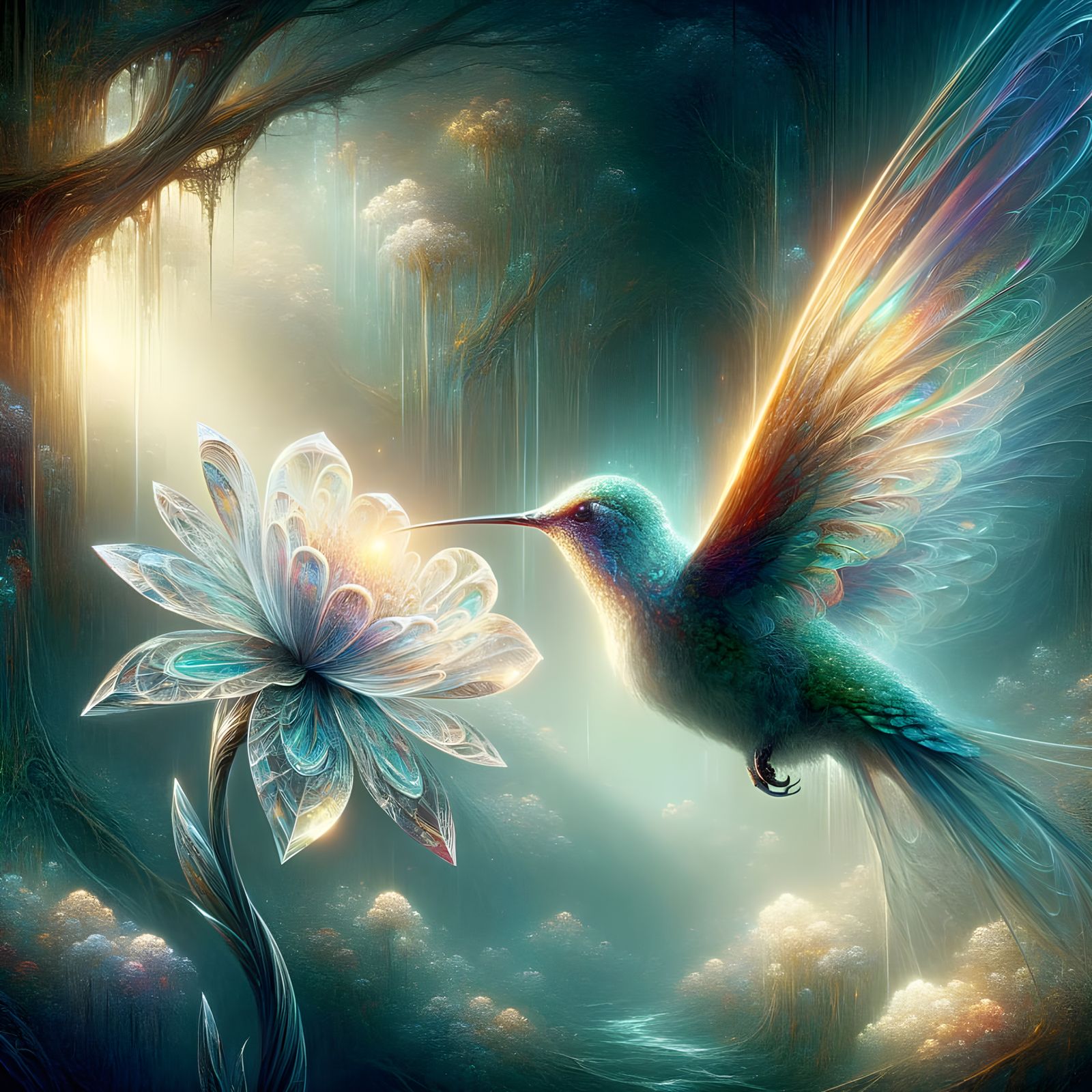 Radiant Hummingbird Sipping Nectar in Ethereal Glade