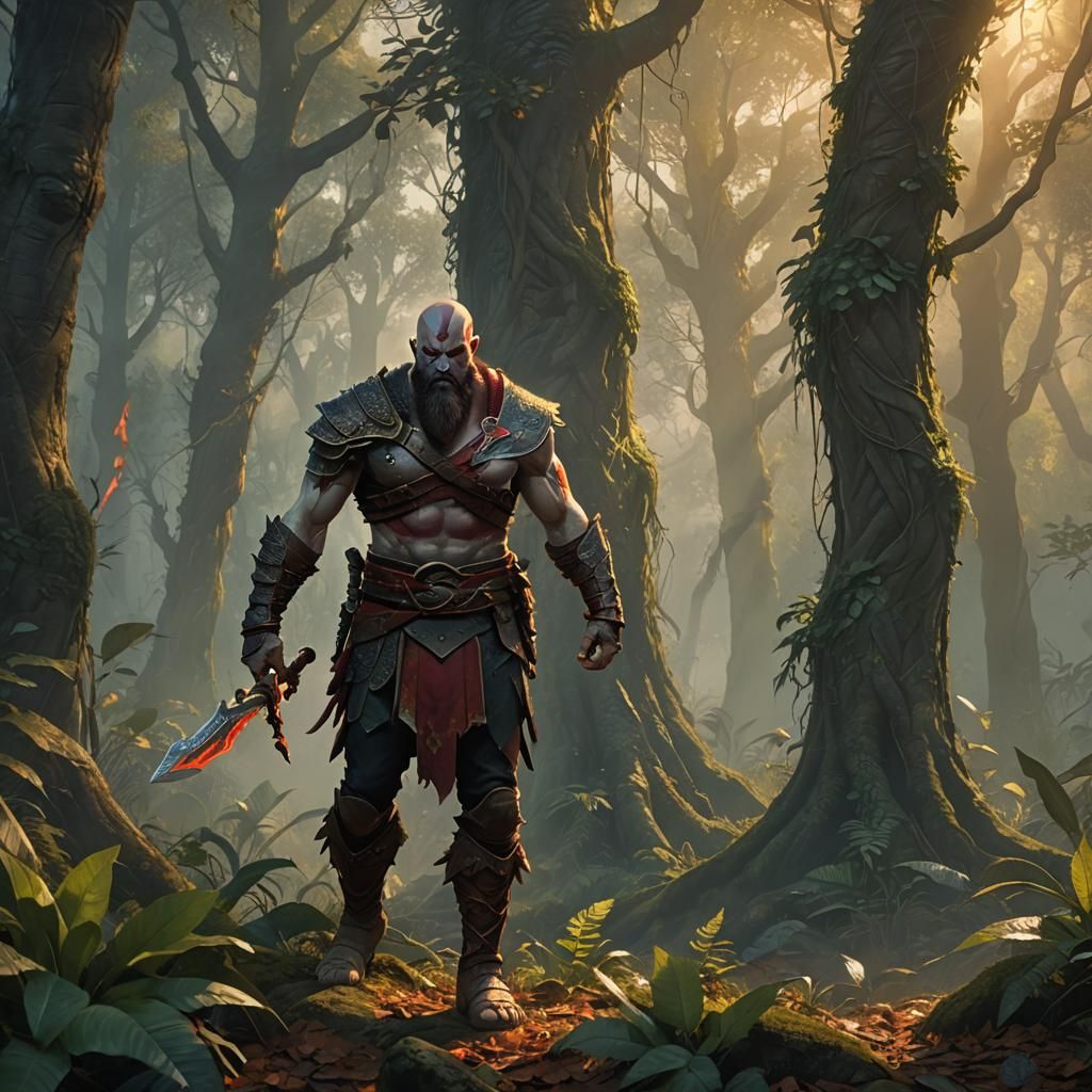 Kratos in Mystical Forest, Oil Painting Style