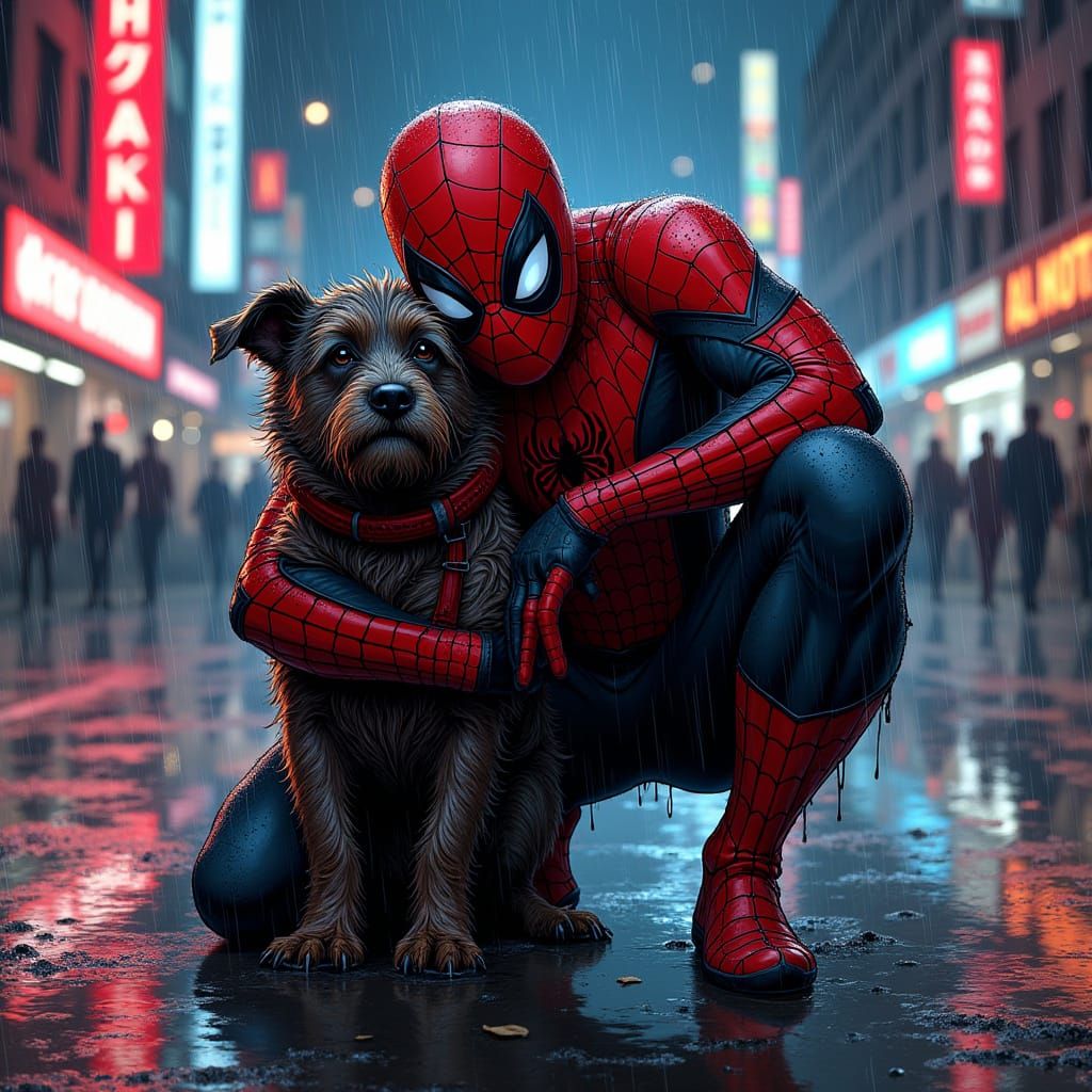 Spider-Man and Deadpool Dog in Neon NYC Rain