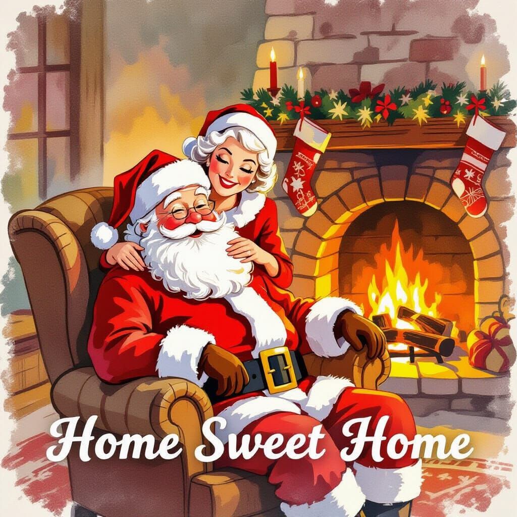 Santa Claus Resting by the Fireplace in Watercolor Style