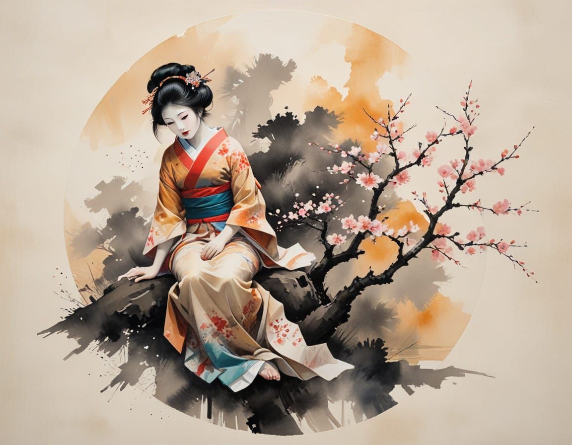 Geisha Beneath Cherry Blossoms at Sunset