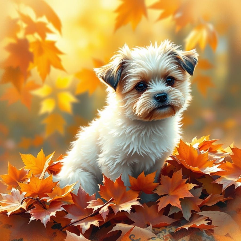 Charming Small Dog Amidst Vibrant Autumn Leaves in Impressio...