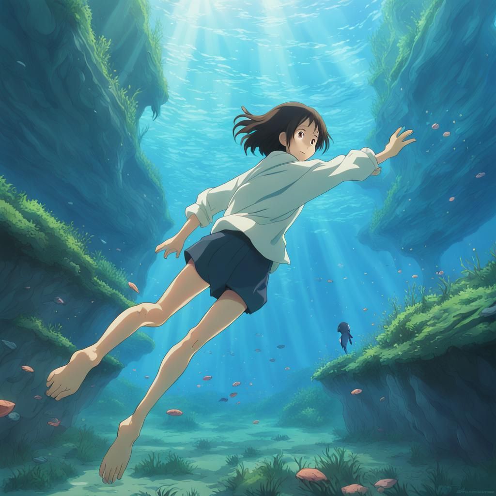 Girl Dives Underwater in Anime Style
