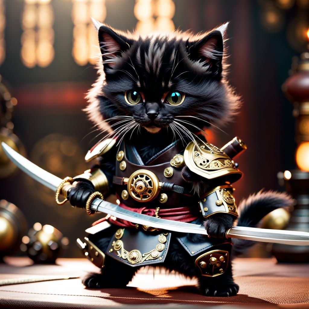 Steampunk Samurai Kitten with Katana in Dojo