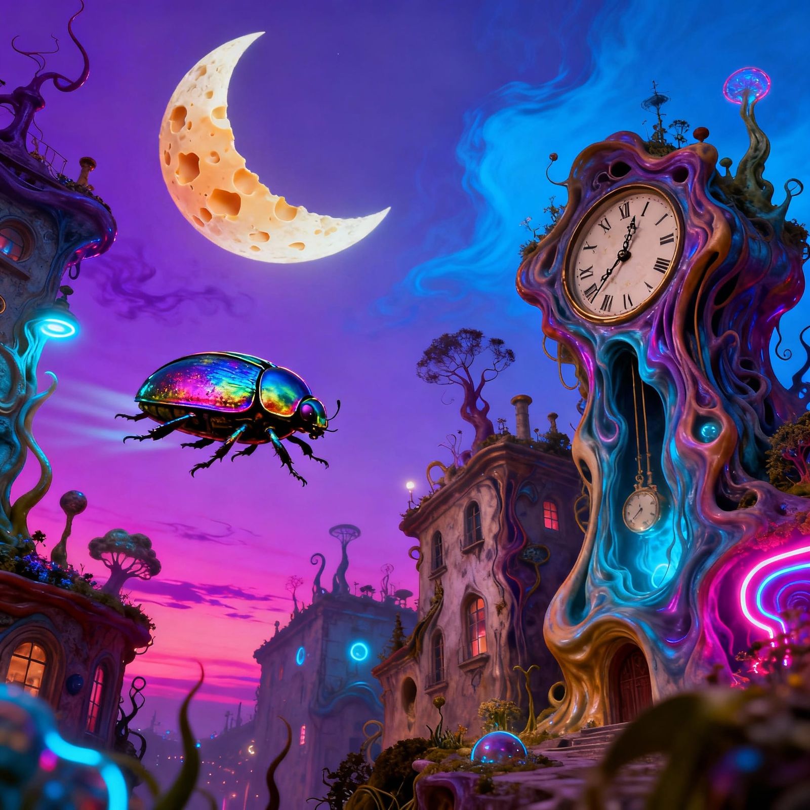 Surreal Twilight Cityscape with Melting Clocks and Beetle Ve...