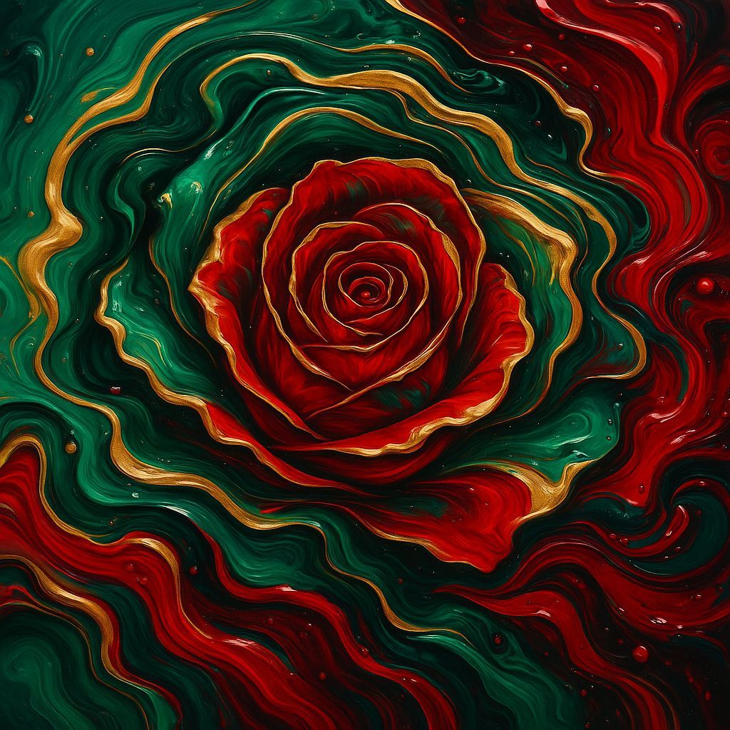 Abstract Rose in Emerald, Gold, and Ruby Fluid Art