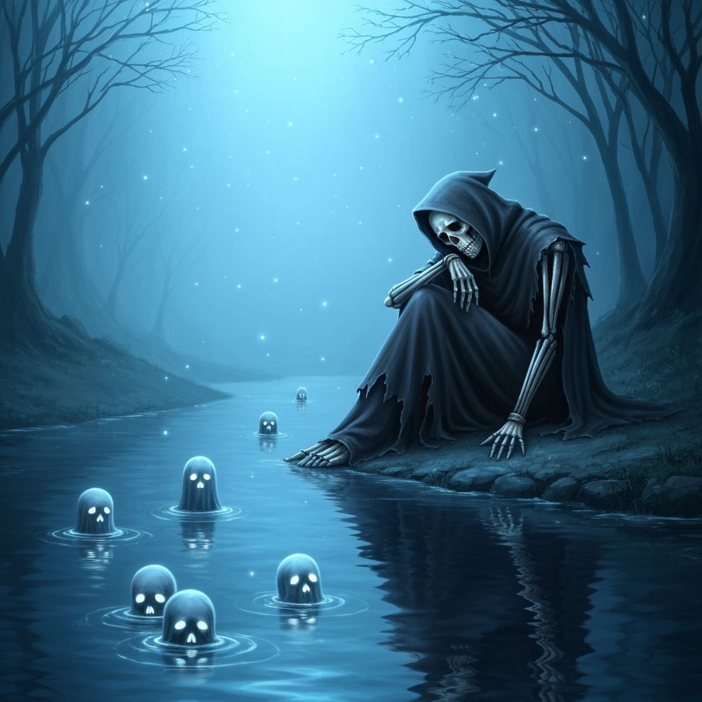Grim Reaper Rests by Soul River in Surreal Dreamscape
