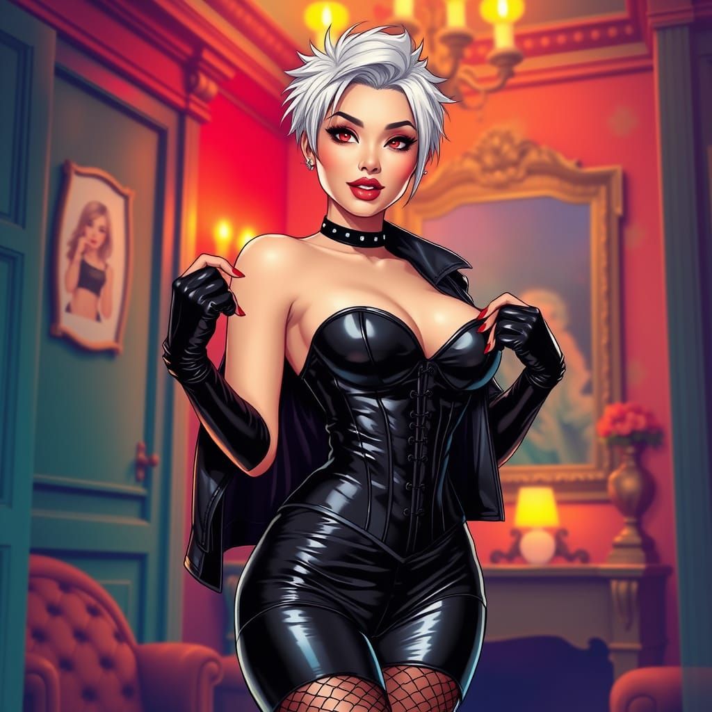 Provocative Woman in Latex: Comic-Style Splash Art