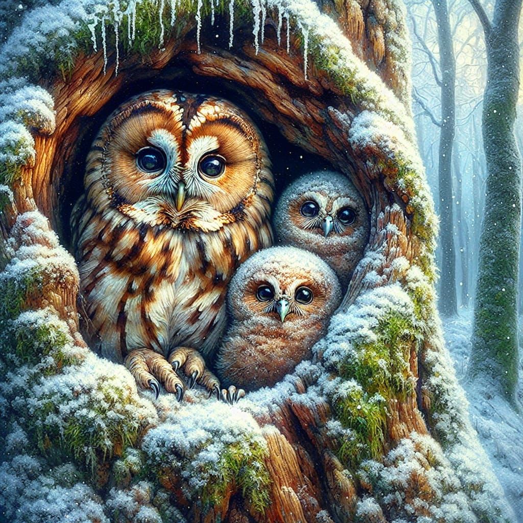 Tawny Owl Family in Snowy Tree, Figurative Painting