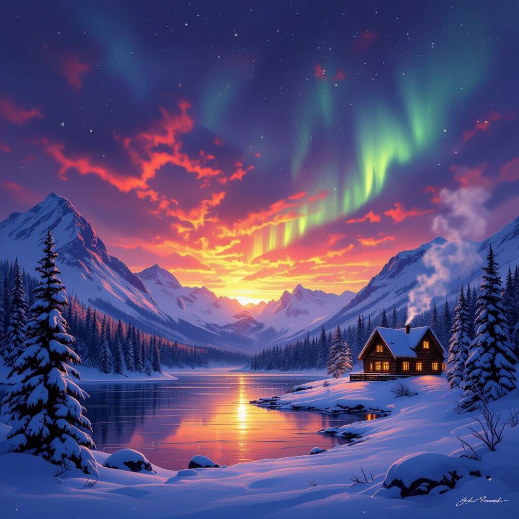 Dramatic Winter Valley at Dusk Under Fiery Sky