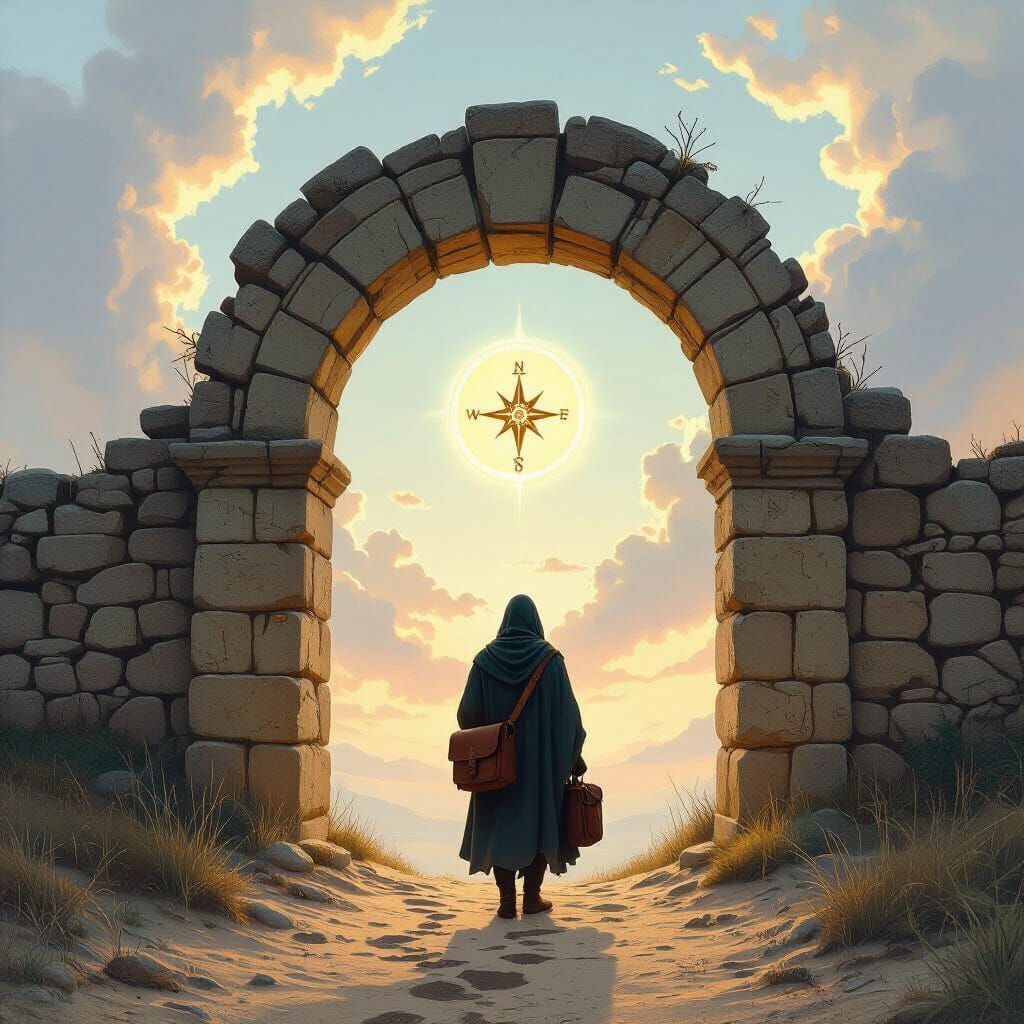 Pilgrim at Ancient Threshold in Fantasy Art Style