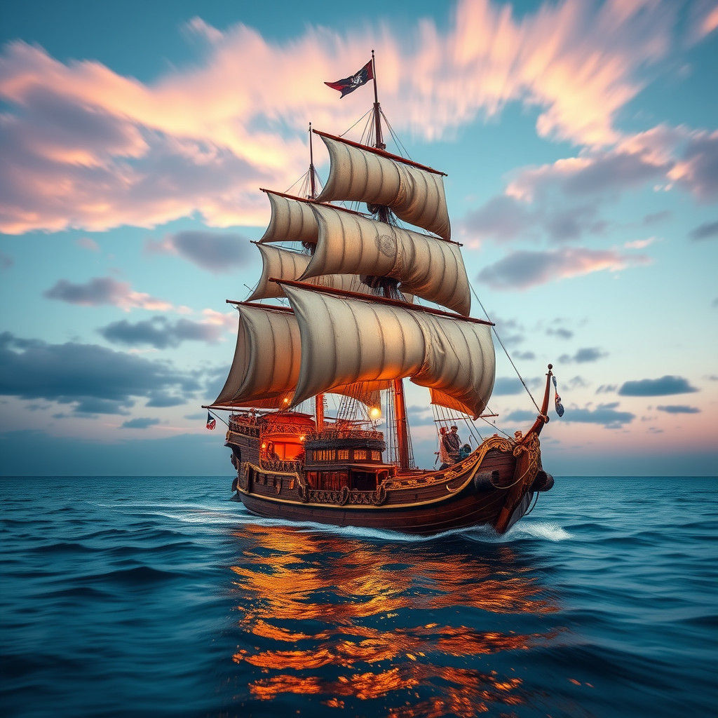 Pirate Ship on Mediterranean Sea at Dusk