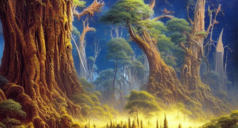 Ancient Trees Float in Space: Detailed Cosmic Illustration