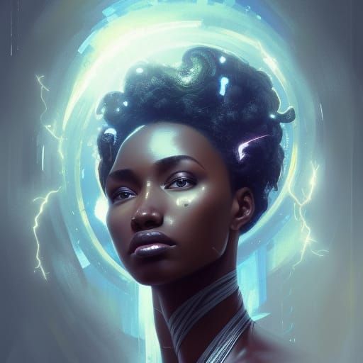 Striking Portrait of Woman with Gears and Lightning