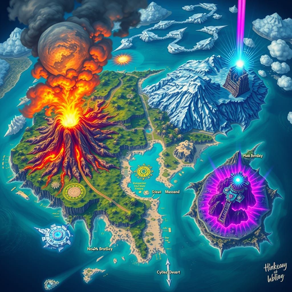 Epic Fantasy World Map with Volcanic Islands and Magical Lan...