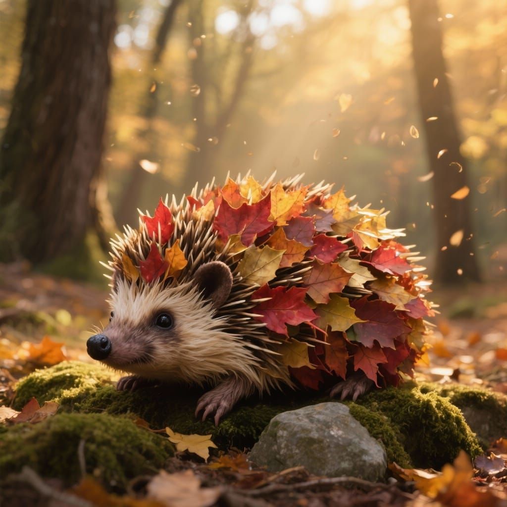 Hedgehog Made of Autumn Leaves in Forest Clearing