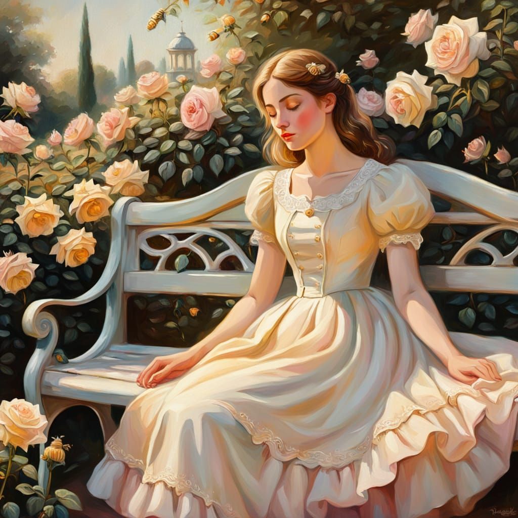 Girl in Rose Garden Impasto Oil Painting