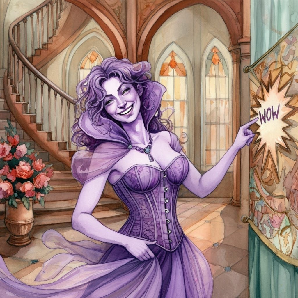 Sorceress in Lavish Opulence Smiling at Tapestry