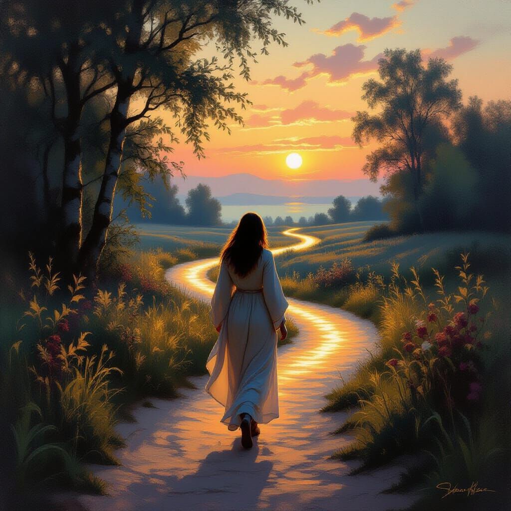 Woman on Dawn Path in Atmospheric Style