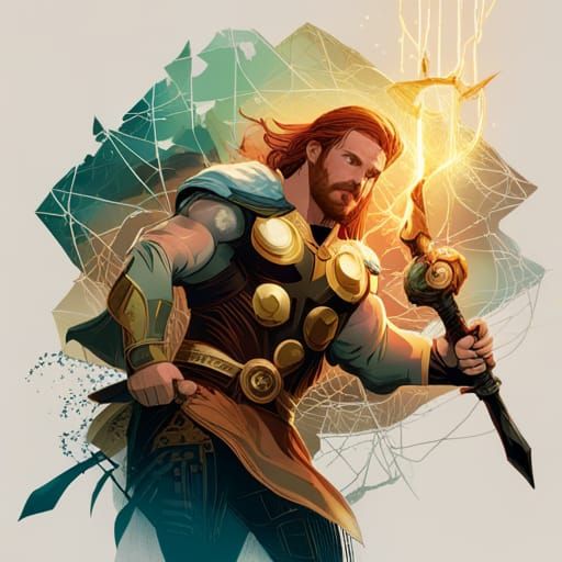 Detailed Digital Painting of Thor with Golden Outlines