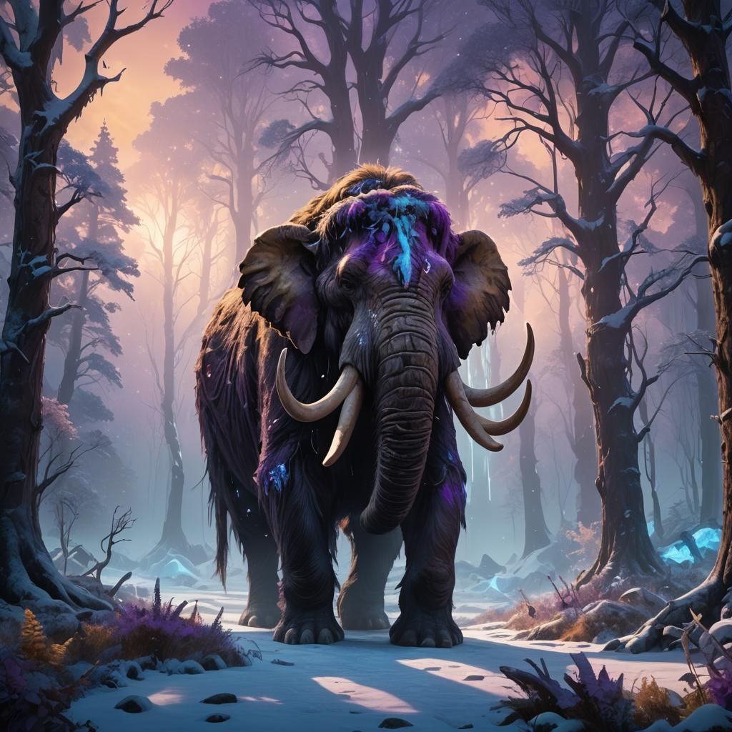 Prehistoric Mammoth in Bioluminescent Arctic Forest