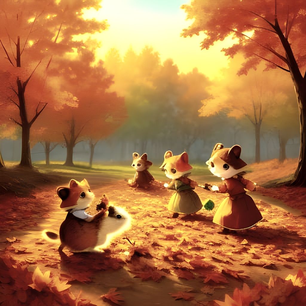 Ground Squirrels Play in Autumn Leaves with Rake