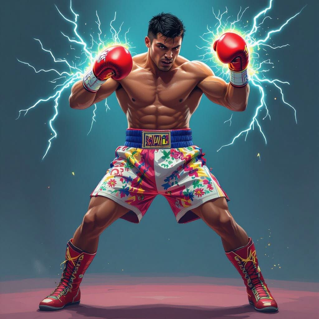 Mexican Boxer with Lightning Gloves in Syd Mead Style