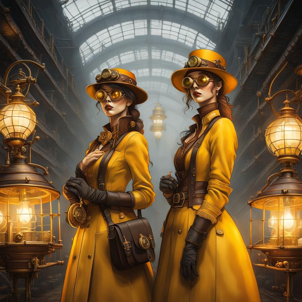 Steampunk Girls in Airship Hangar with Goggles
