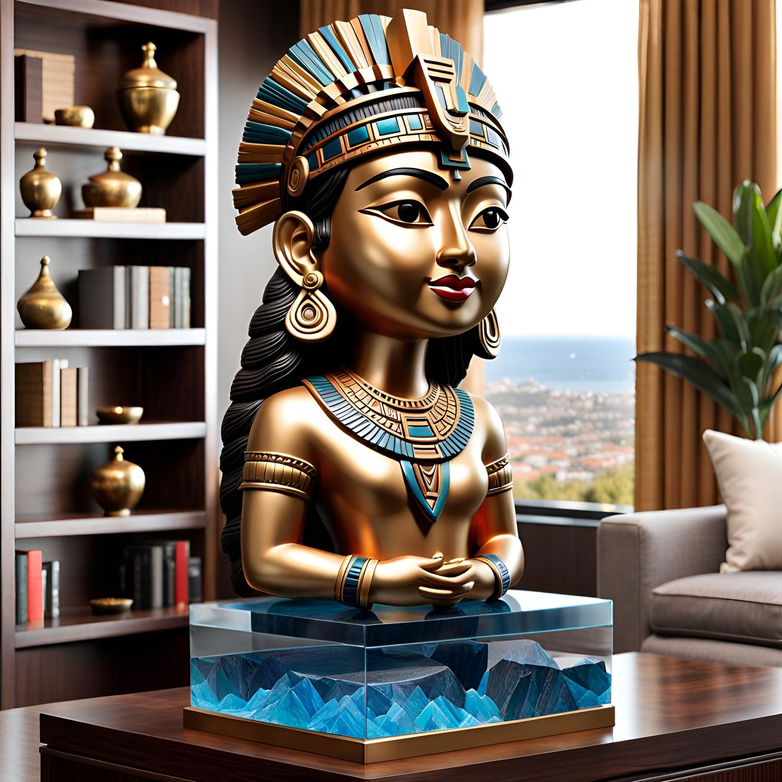 Truly amazing aztec-themed bobblehead sculpture on transparent pedestal