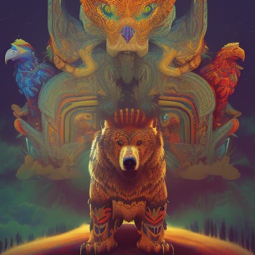 Psychedelic Totem with Eagle, Wolf and Bear