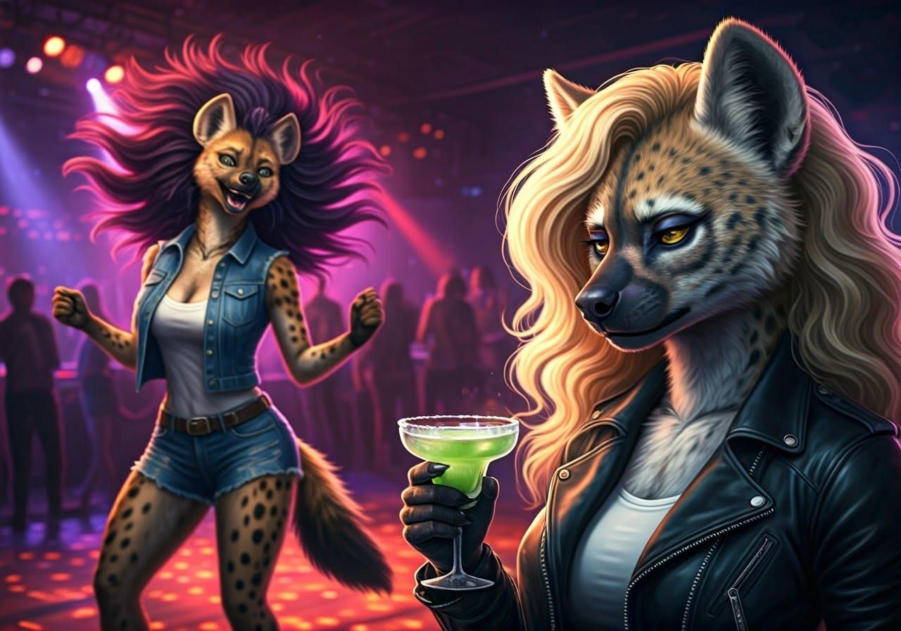Hyperreal Dance Club Scene with Two She-Hyena Anthros