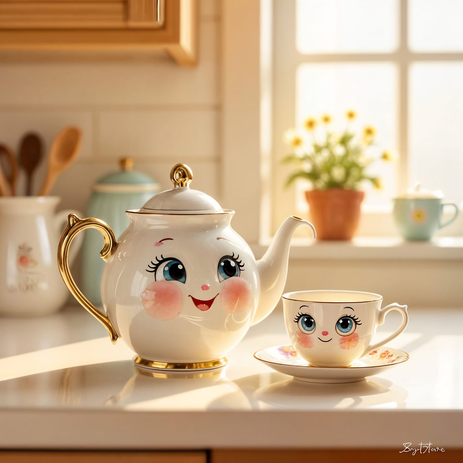 Whimsical Watercolor Kitchen Scene with Smiling Teapot and T...