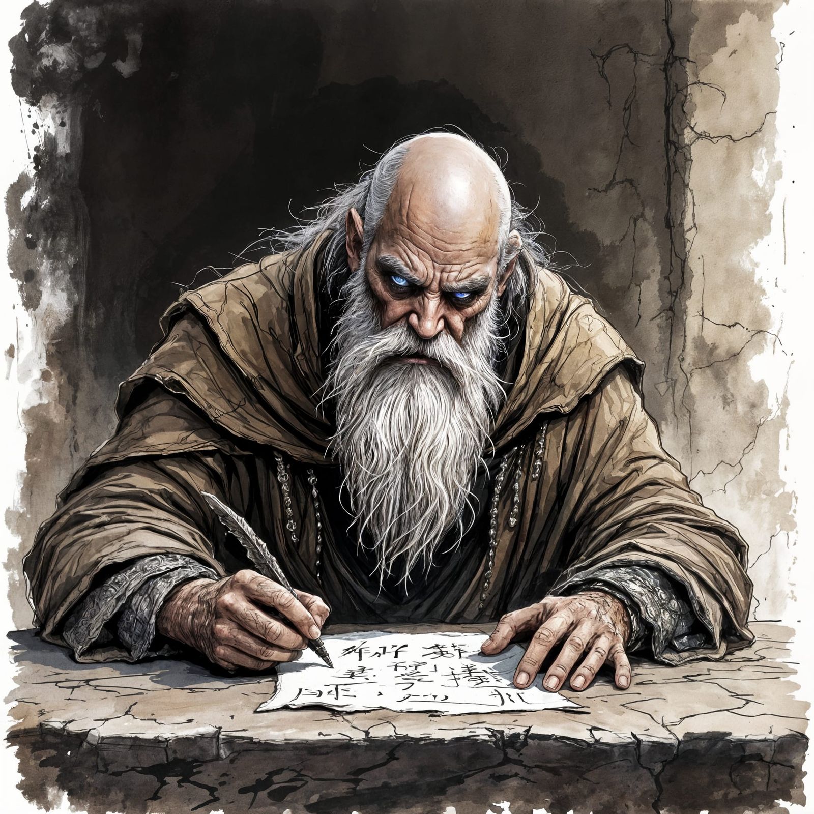 D&D Sage Scribing with Violet Eyes, Ink Drawing