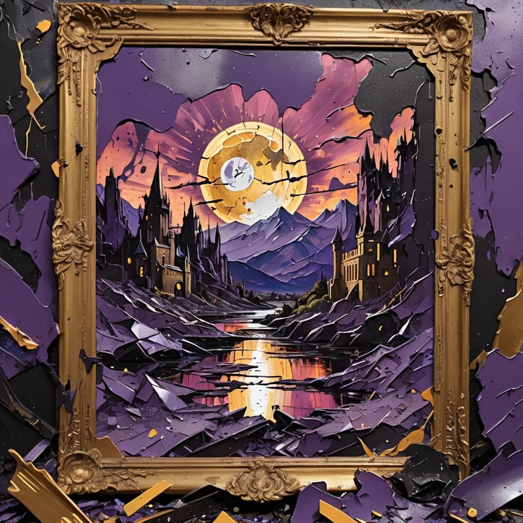 A broken mirror reflects the moon in a purple sky