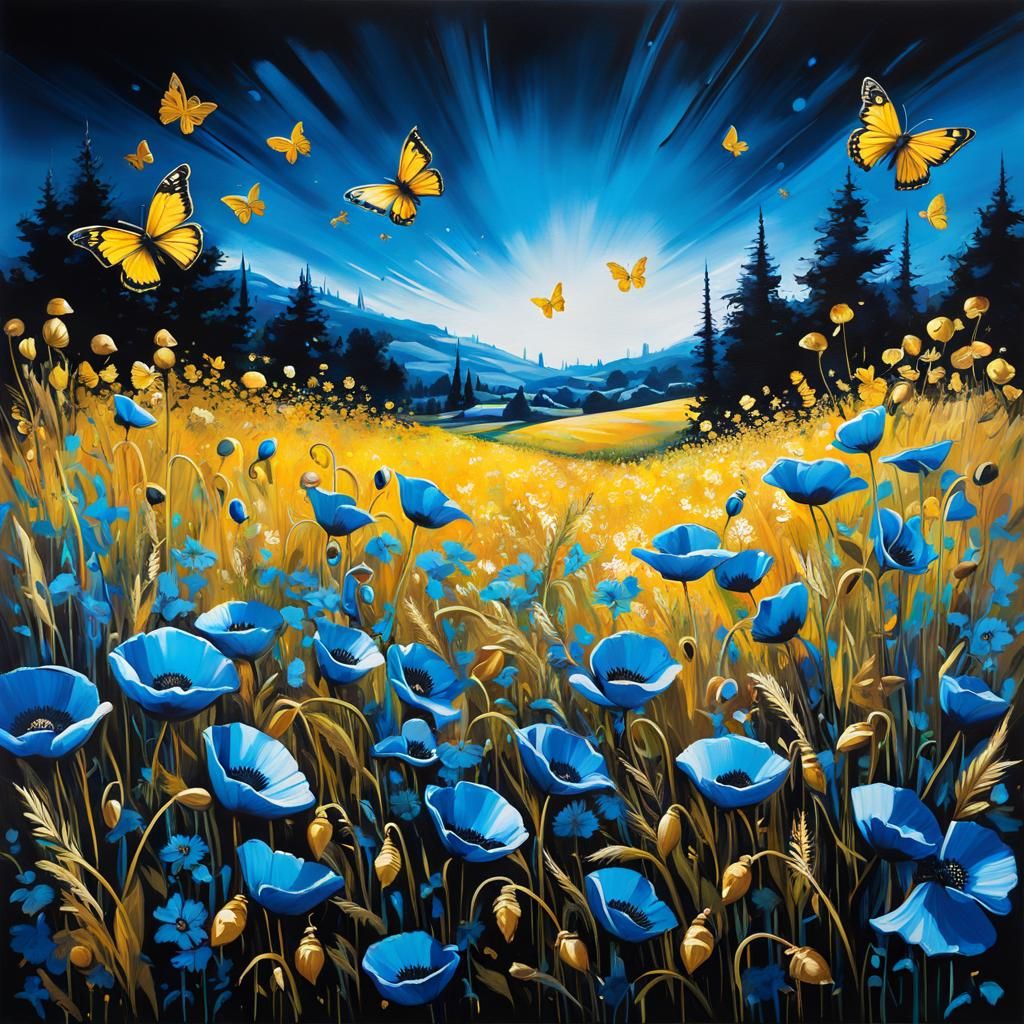 Blue Poppy Field with Golden Butterflies in Graffiti Style