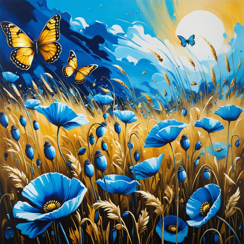 Blue Poppy Field with Golden Butterflies in Graffiti Art