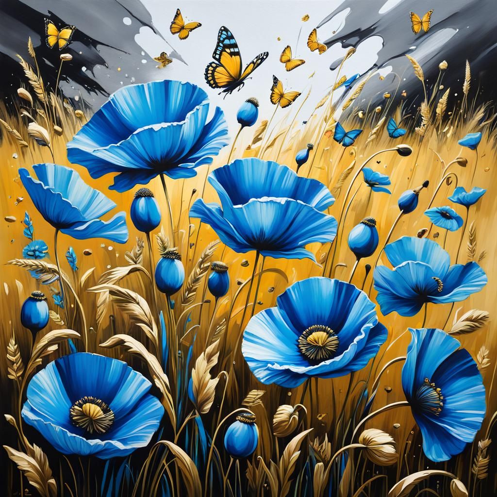 Blue Poppy Field with Golden Butterflies in Graffiti Art