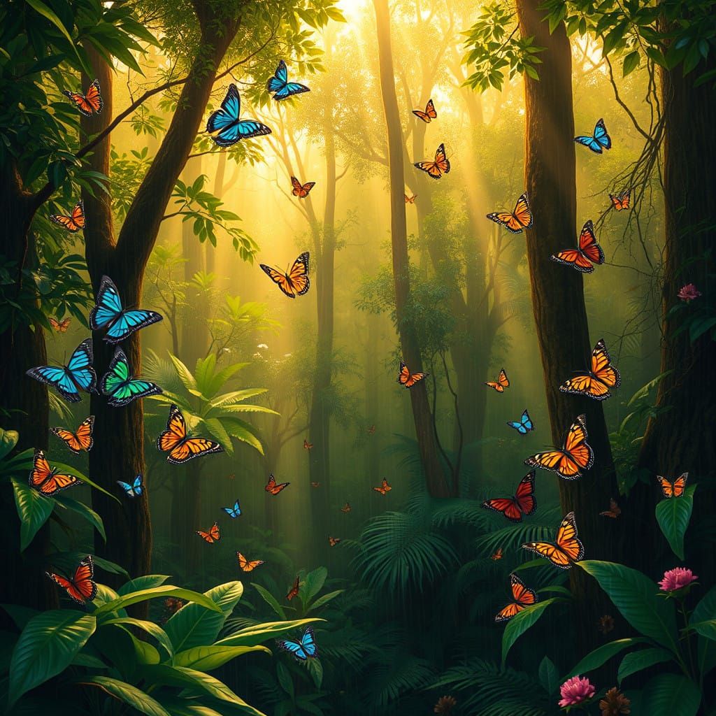 Rainy Amazonian Forest Teeming with Colorful Butterflies