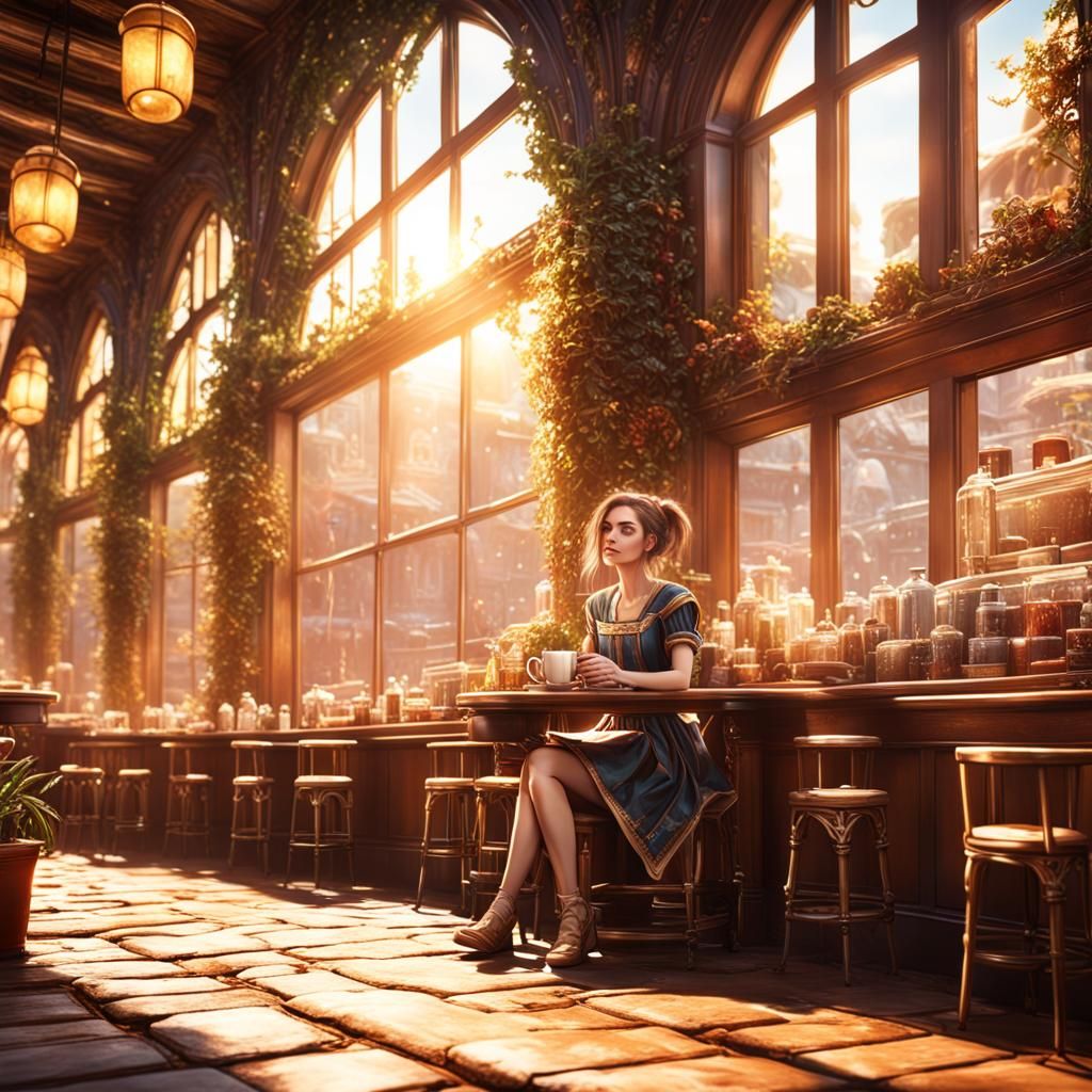 Girl in Cafe: Detailed Matte Painting