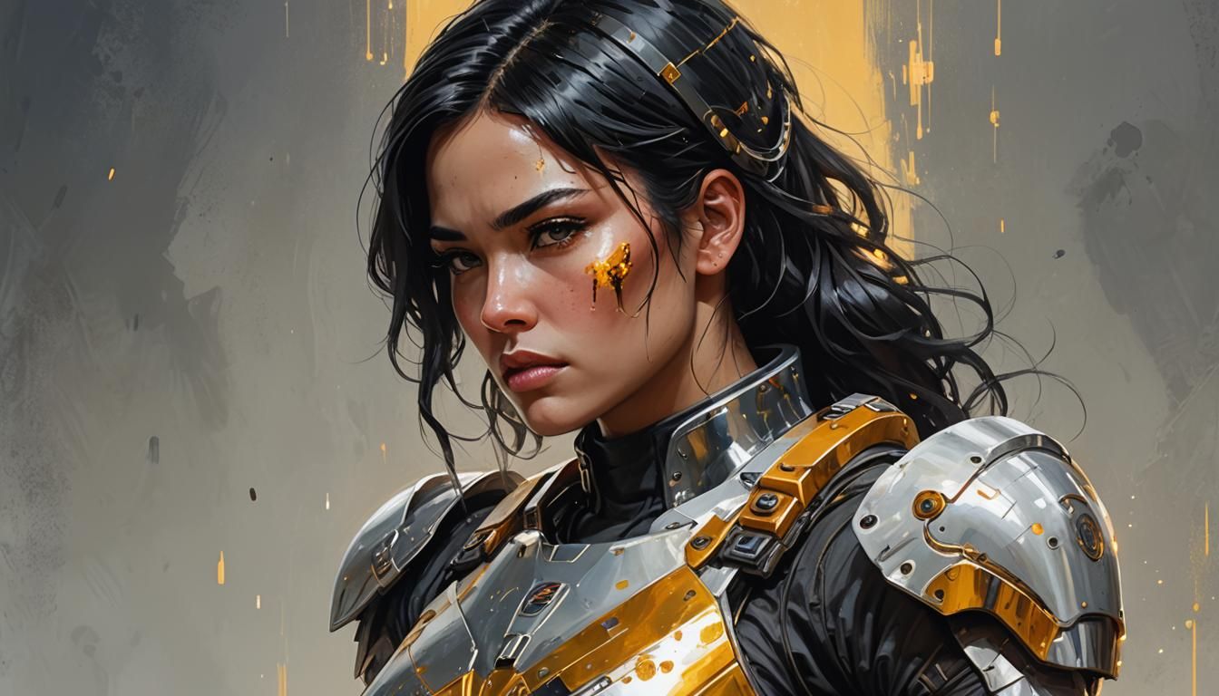 Space Woman in Metallic Armor, Acrylic Illustration